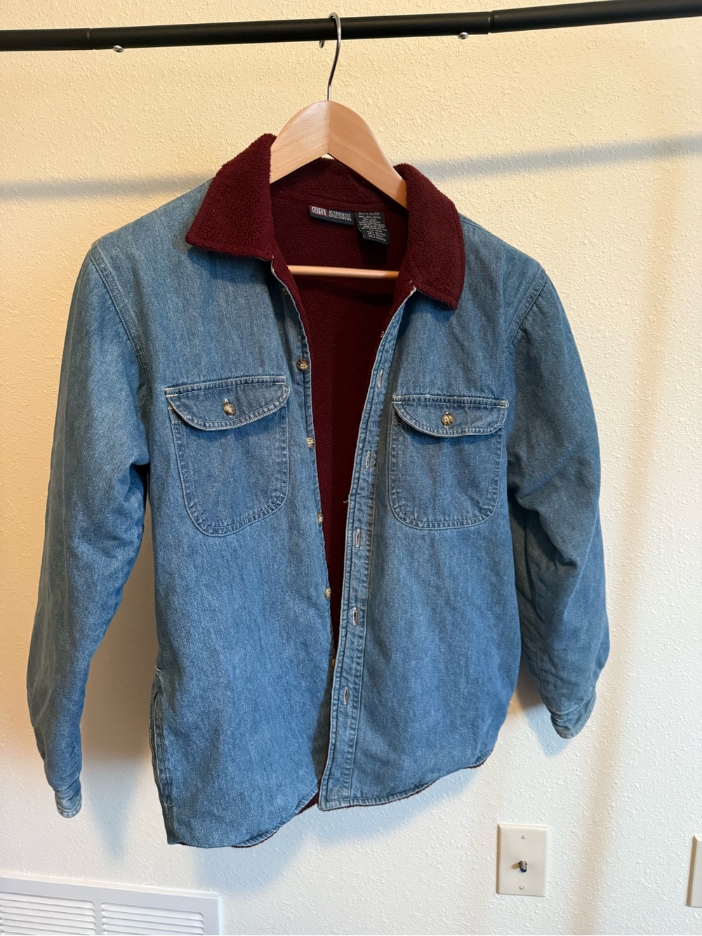 Faded Glory Blue Denim Jacket with Burgundy Sherpa Trim